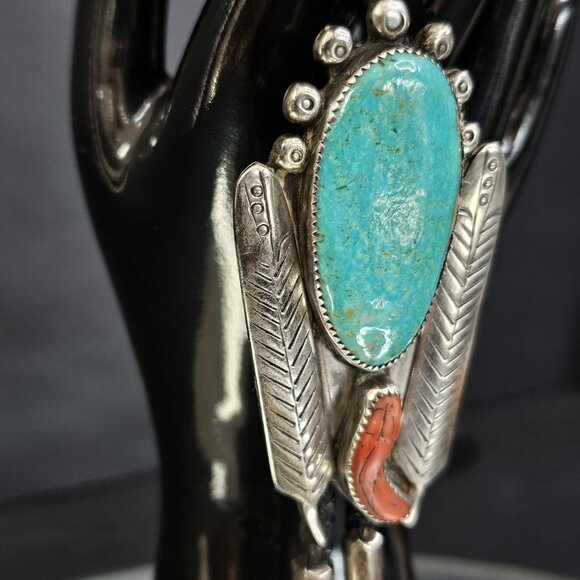 Navajo Turquoise And Coral Sterling Silver Bolo Tie Signed. USA Native American - Picture 4 of 15
